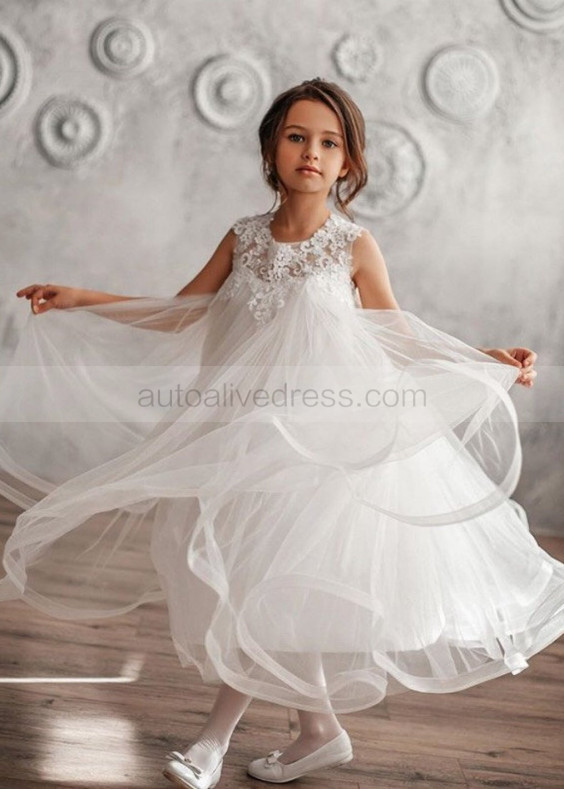 Ivory Lace Tulle Tea Length Flower Girl Dress